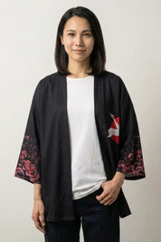 Crane kimono Mayumi, front view: open satin-finish kimono with three-quarter sleeves and crimson peony detail