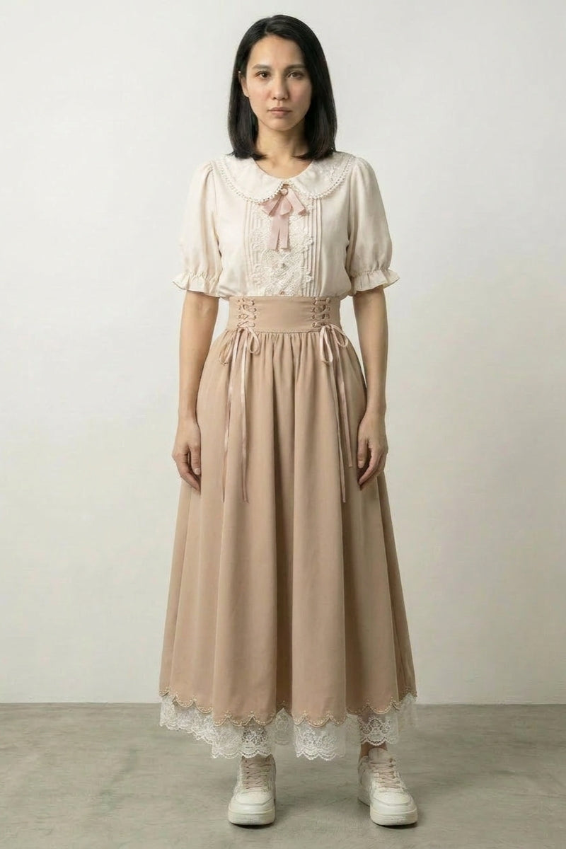 Cream cute Japanese dress with peter-pan collar puff-sleeve top and apricot lace-trim high-waist skirt