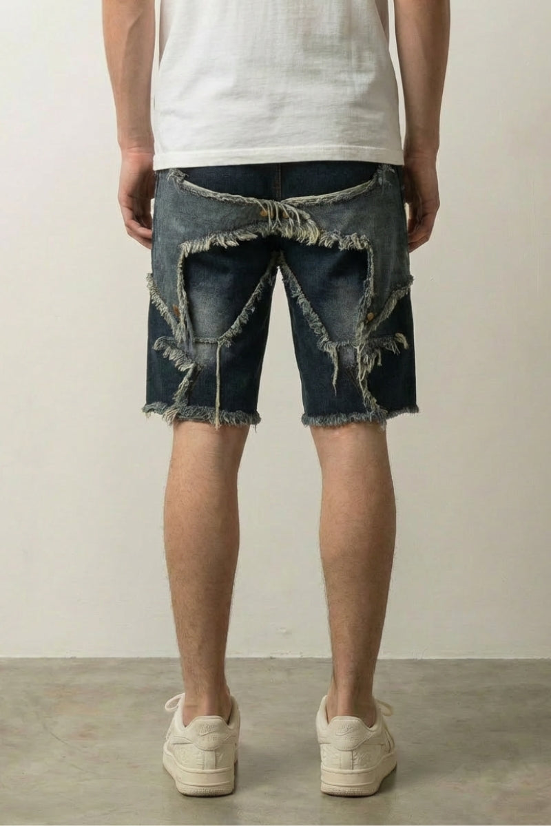Distressed denim shorts styled grunge look