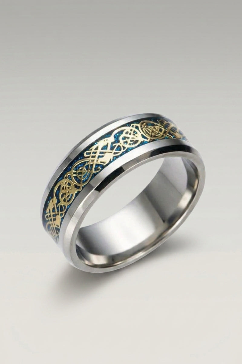 Asian Ring 'Ringshine' — Japanese silver ring, a dragon-pattern inlay band, in Blue finish