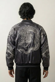 Dragon Sukajan Jacket 'Kurotatsu' — reversible sukajan, silver dragon embroidered, green and grey