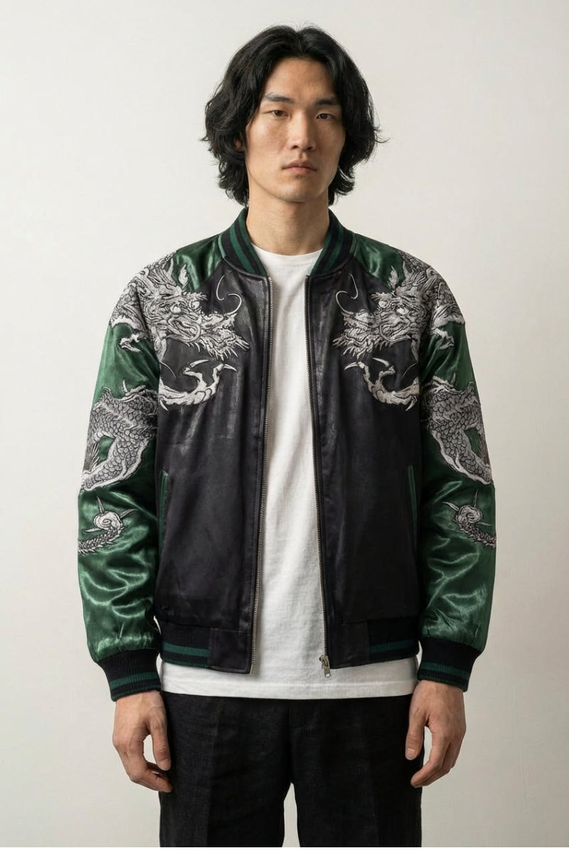 Detail view of Japanese garment with dragon print - Dragon Sukajan Jacket Kurotatsu