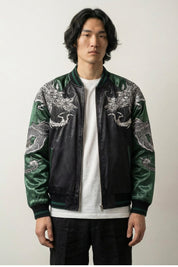 Dragon Sukajan Jacket 'Kurotatsu' — reversible sukajan, silver dragon embroidered, green and grey