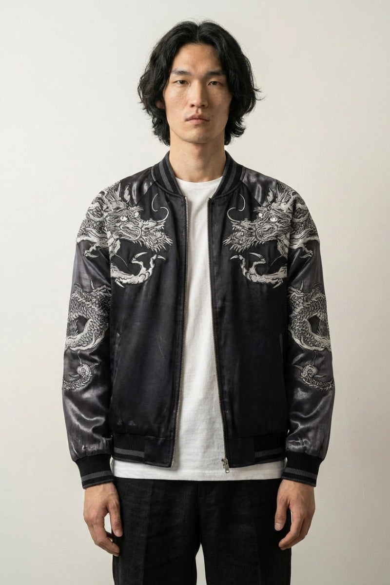 Dragon Sukajan Jacket 'Kurotatsu' — reversible sukajan, silver dragon embroidered, green and grey