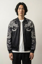 Dragon Sukajan Jacket 'Kurotatsu' — reversible sukajan, silver dragon embroidered, green and grey