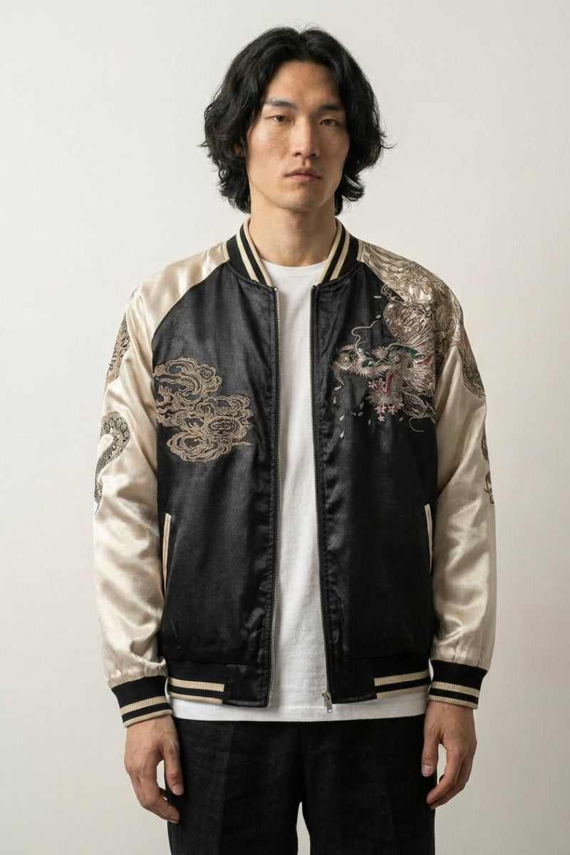 Dragon Sukajan Jacket 'Raijin no Ikazuchi' — reversible sukajan, silver storm dragon, red and cream