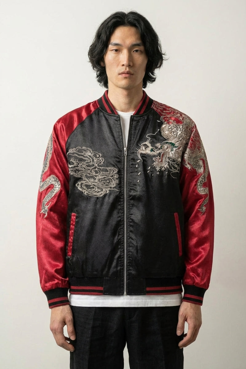 Detail view of Japanese garment with dragon print - Dragon Sukajan Jacket Raijin no Ikazuchi
