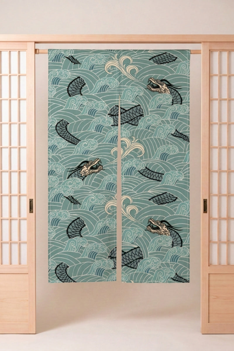 Japanese Noren 'Ryu-jin' — split doorway curtain printed with stylized dragons coiling through seigaiha waves on celadon green, traditional Japanese room divider