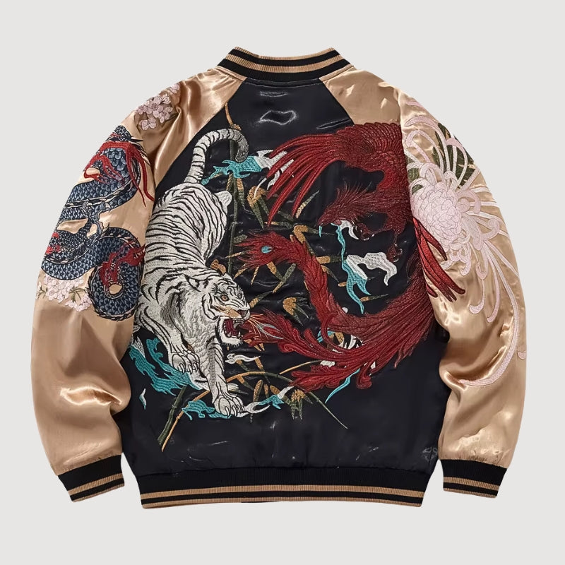Dual Spirit Sukajan 'Byakko no Hi' — reversible sukajan, white tiger and red dragon, khaki and cream