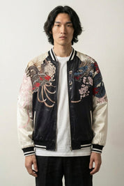 Dual Spirit Sukajan 'Byakko no Hi' — reversible sukajan, white tiger and red dragon, khaki and cream