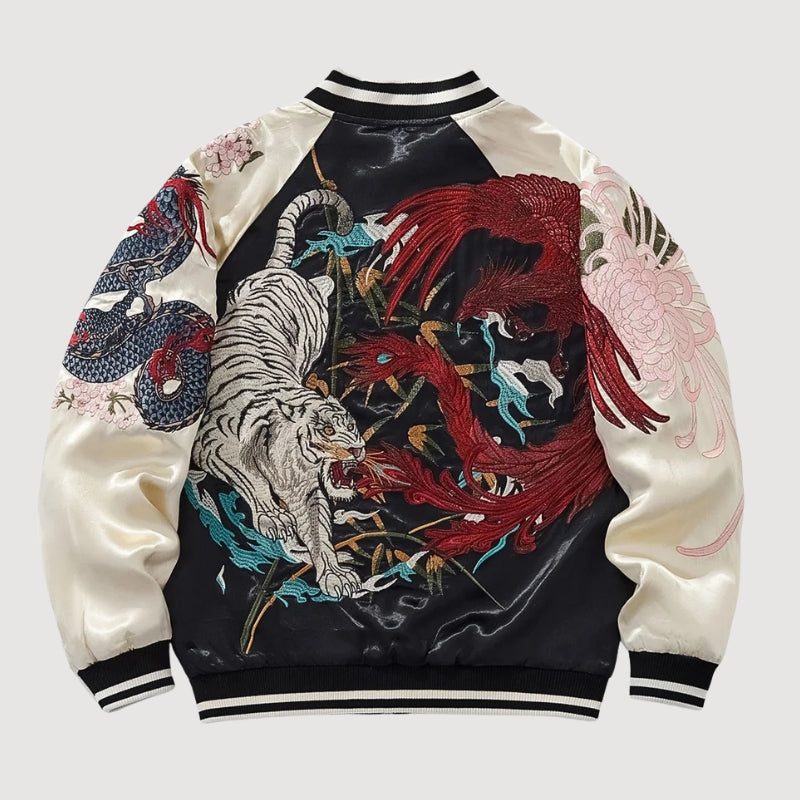 Dual Spirit Sukajan 'Byakko no Hi' — reversible sukajan, white tiger and red dragon, khaki and cream