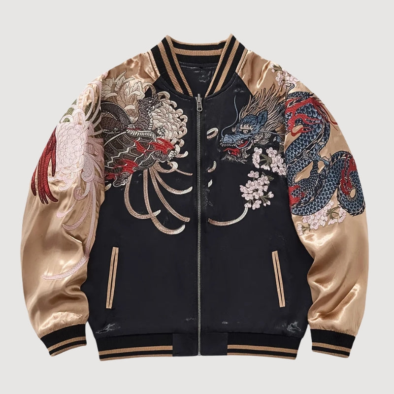 Dual Spirit Sukajan 'Byakko no Hi' — reversible sukajan, white tiger and red dragon, khaki and cream