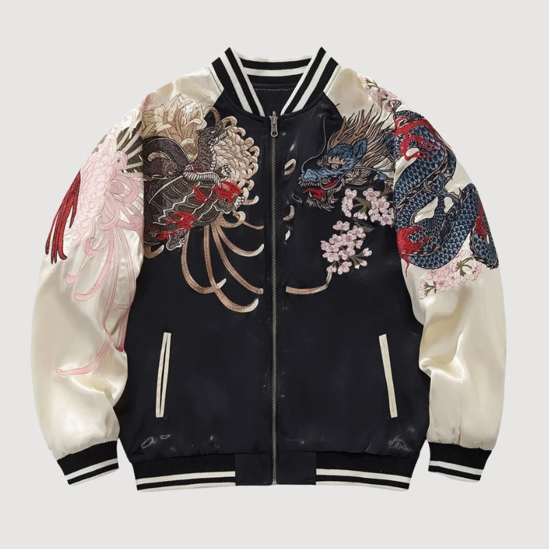 Dual Spirit Sukajan 'Byakko no Hi' — reversible sukajan, white tiger and red dragon, khaki and cream