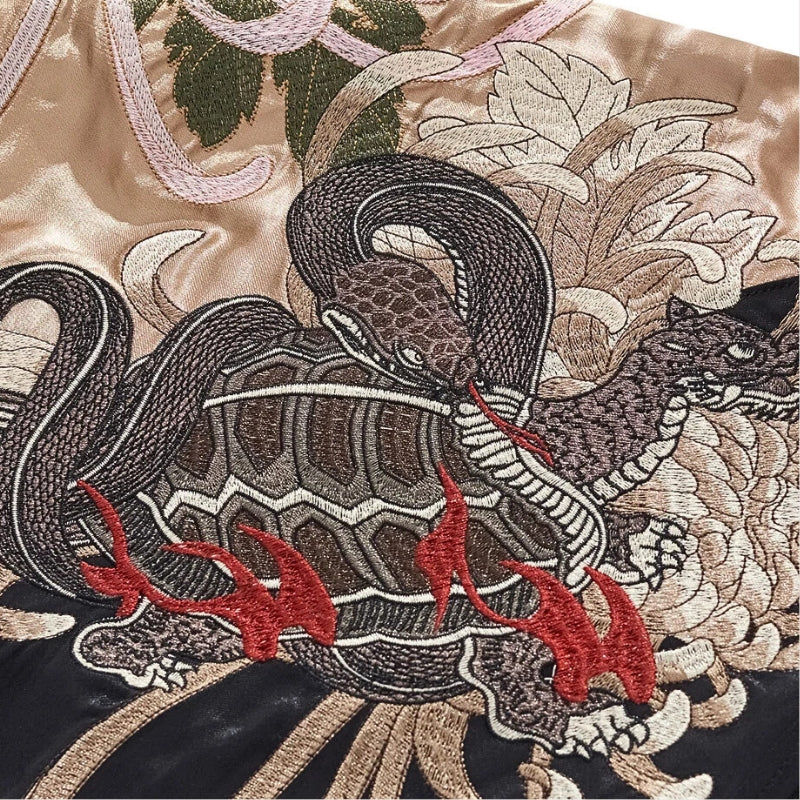 Dual Spirit Sukajan 'Byakko no Hi' — reversible sukajan, white tiger and red dragon, khaki and cream