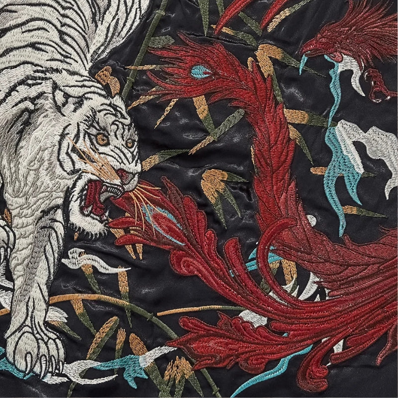 Dual Spirit Sukajan 'Byakko no Hi' — reversible sukajan, white tiger and red dragon, khaki and cream