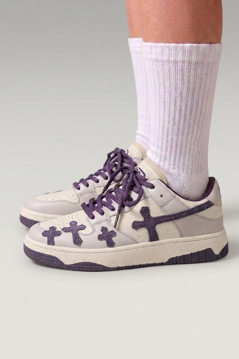 Purple casual Japanese sneakers 'Shiro', worn on foot with white socks — Japanese streetwear style