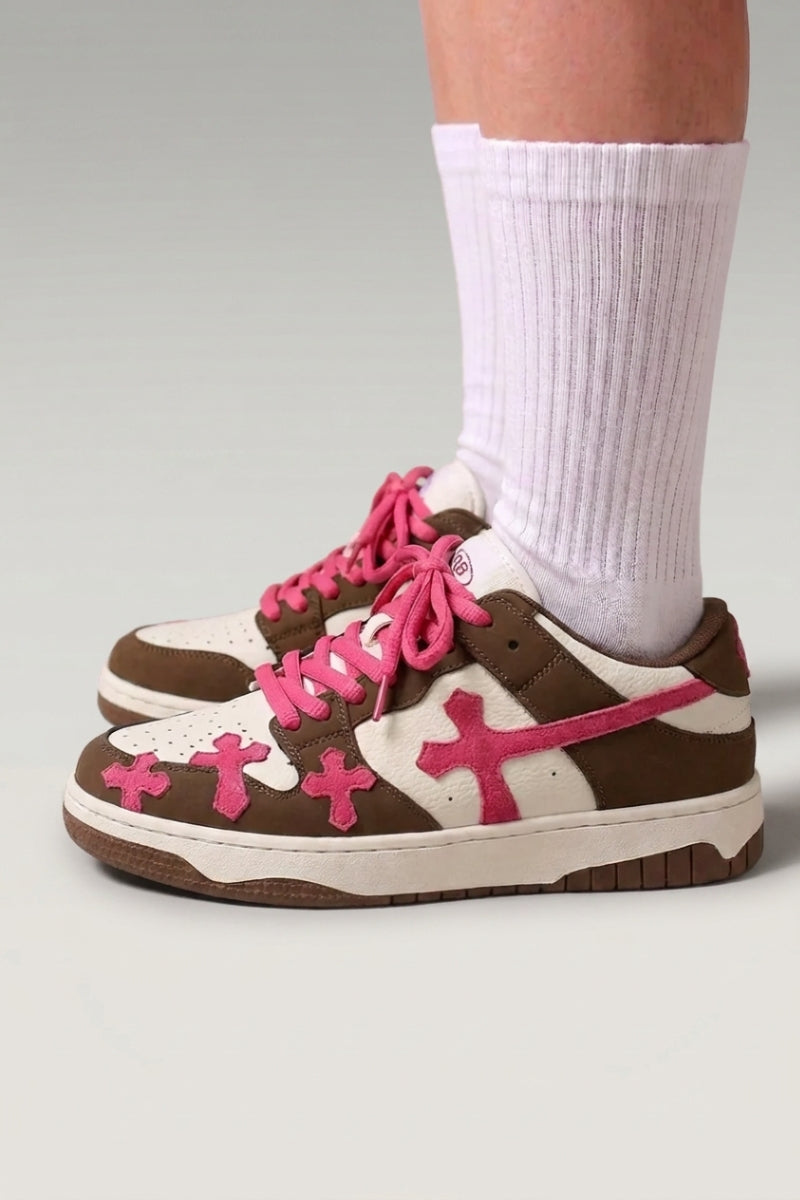 Red casual Japanese sneakers 'Shiro', worn on foot with white socks — Japanese streetwear style