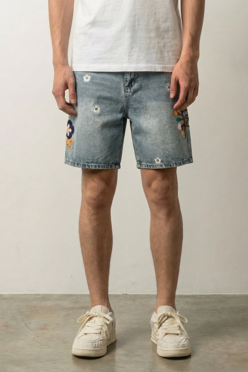 Embroidered denim shorts — crafted detail streetwear