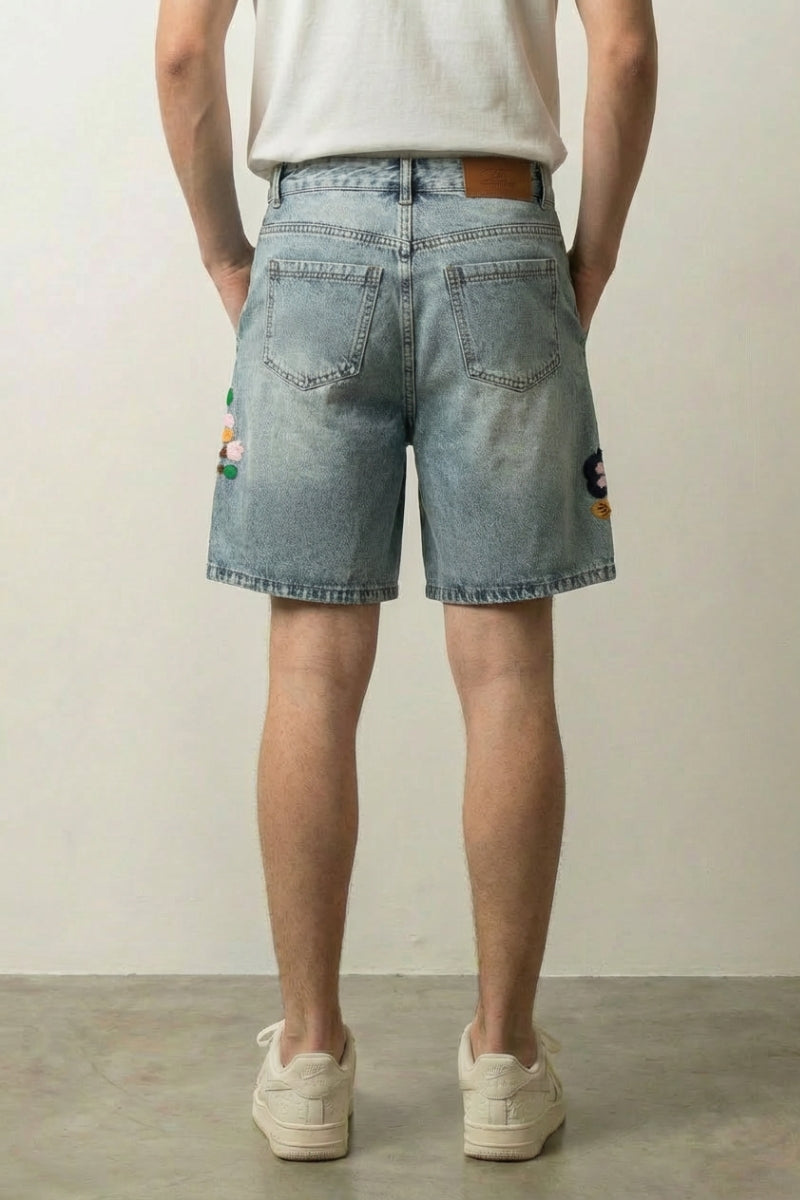 Japanese embroidered denim shorts styled look
