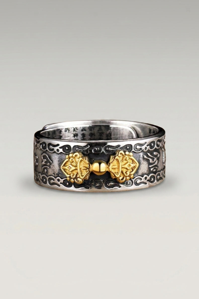 Engraved Interior Ring 'Kingu' — Japanese silver ring, an engraved band with a gold-accented symbol, in Kanji finish