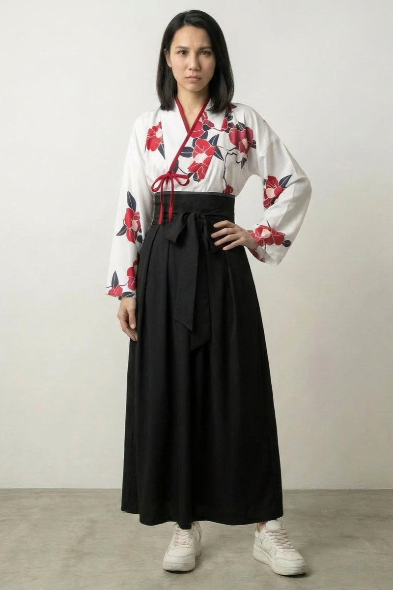 Floral Japanese dress for ladies, second colorway with camellia top and black hakama-style skirt