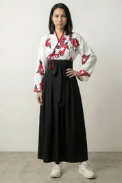 Floral Japanese dress for ladies, second colorway with camellia top and black hakama-style skirt