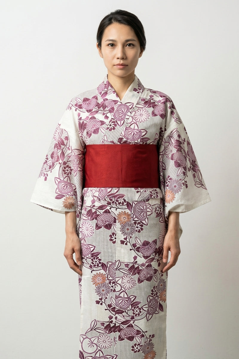 Cream Japanese kimono with plum chrysanthemum print and red obi belt for women