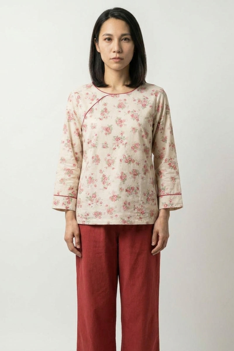 Floral Japanese sleepwear set for women with cream komon print top and solid bordeaux straight trousers