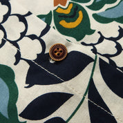 Close-up of Japanese garment with floral print fabric and craftsmanship