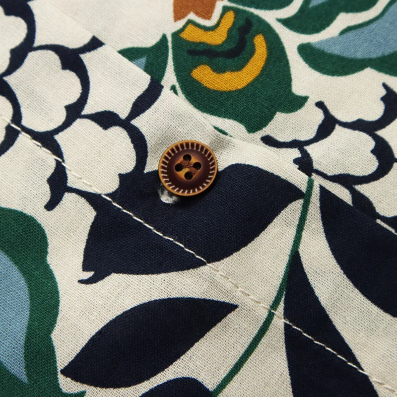 Close-up of Japanese garment with floral print fabric and craftsmanship