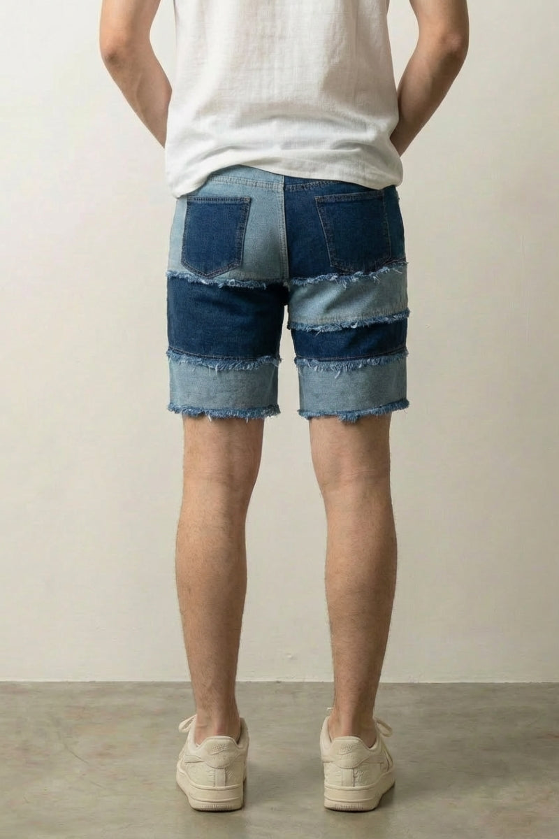 Frayed hem denim shorts styled look