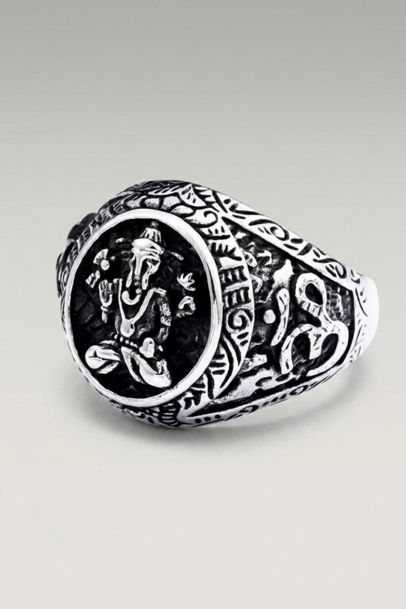 Silver Ganesh Ring 'Toyama' — Japanese silver ring, an engraved Ganesh figure on an oval signet face