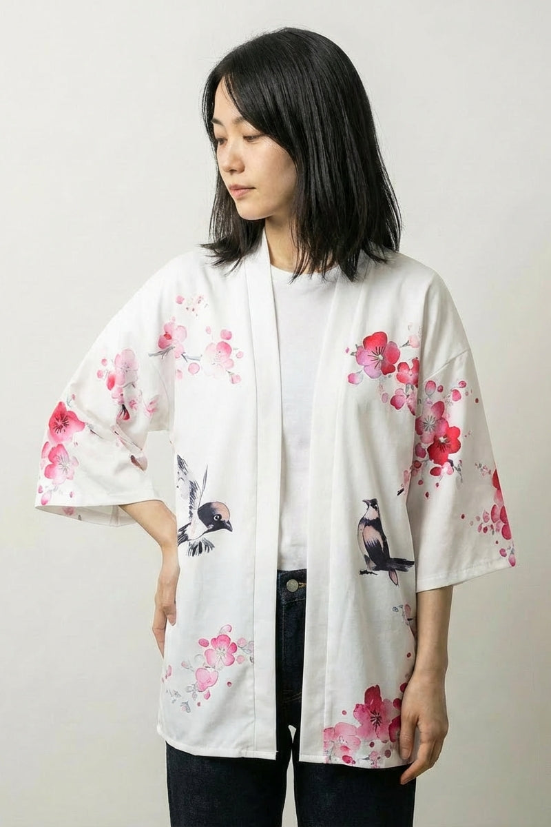 Geisha kimono jacket Sakura x Geiko in white, front view: soft sakura tones scattered over a pale satin-finish ground