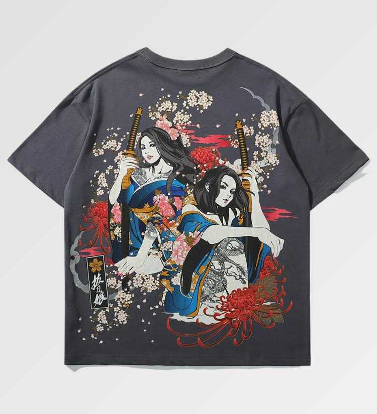 Japanese t-shirt printed with a beautiful geisha with a flowery design