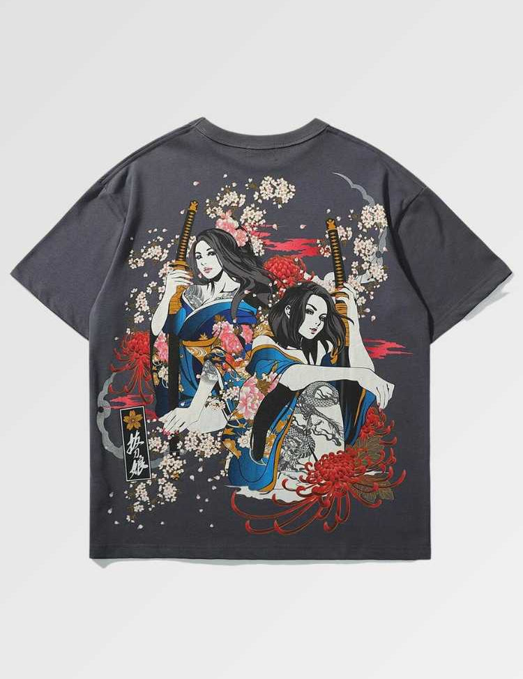 Japanese t-shirt printed with a beautiful geisha with a flowery design