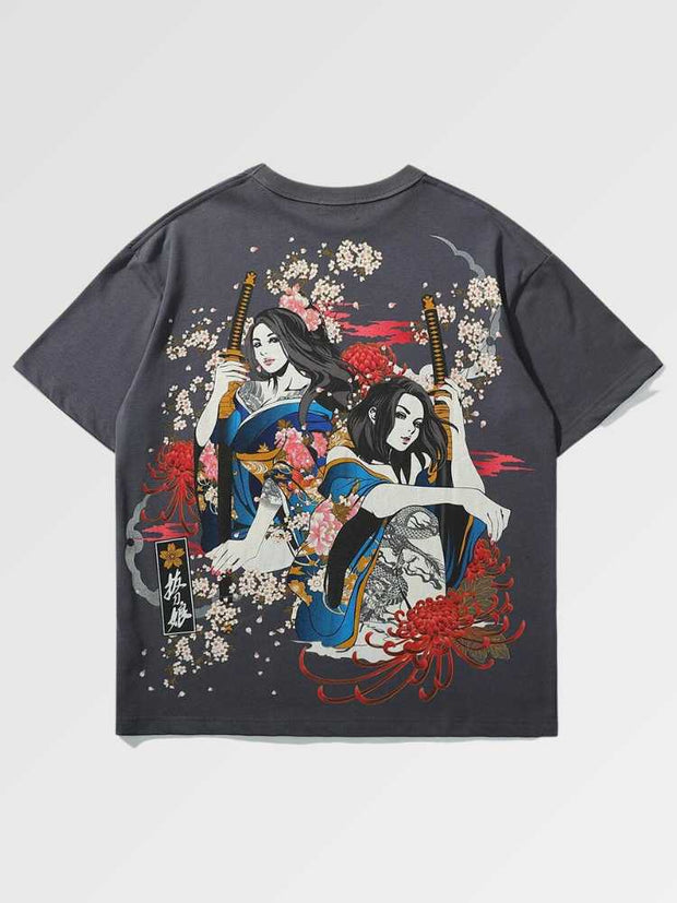 Japanese t-shirt printed with a beautiful geisha with a flowery design