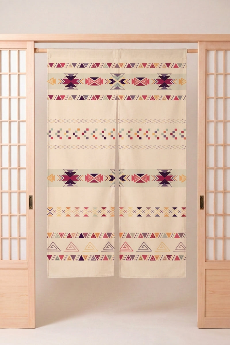 Japanese Noren 'Hibiki' — split doorway curtain printed with long-format geometric bands of diamonds and chevrons in warm earth tones, traditional Japanese room divider