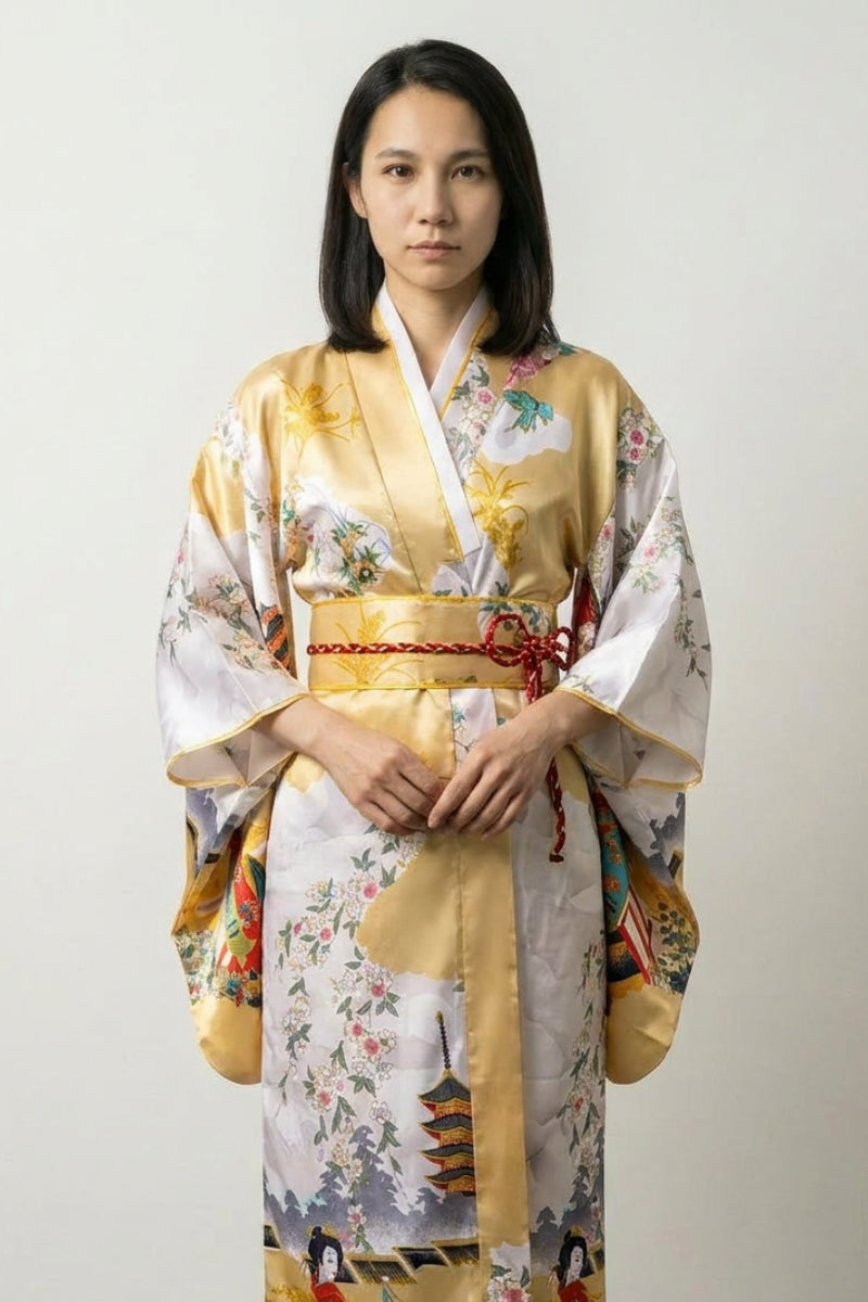 Gold long Japanese kimono robe for women with ukiyo-e pagodas, geishas and Edo-period scenes