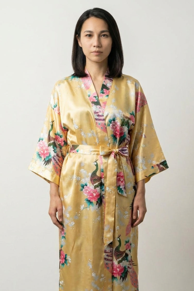 Gold Peacock Long Satin Robe 'Kinshou' | Japan Clothing