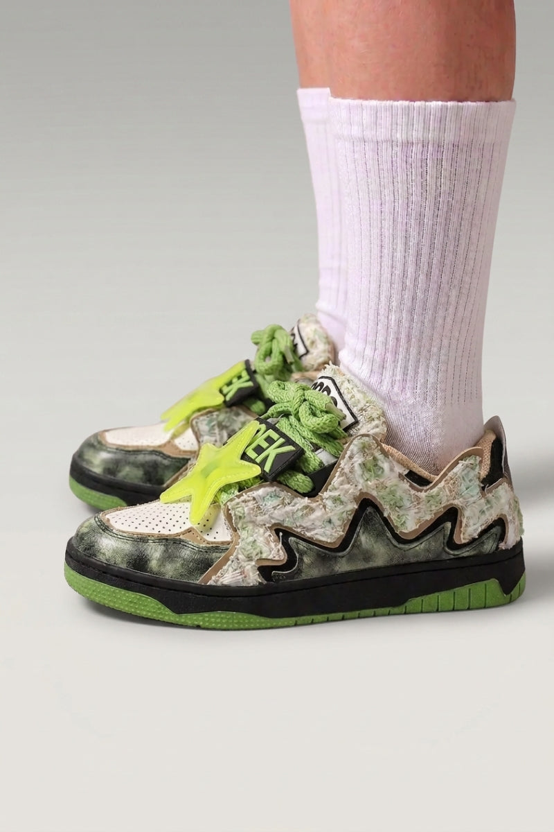 Black Japanese designer sneakers 'Kasumi', worn on foot with white socks — Japanese streetwear style