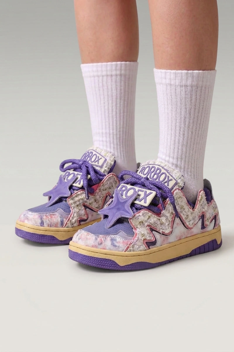 Purple Japanese designer sneakers 'Kasumi', worn on foot with white socks — Japanese streetwear style