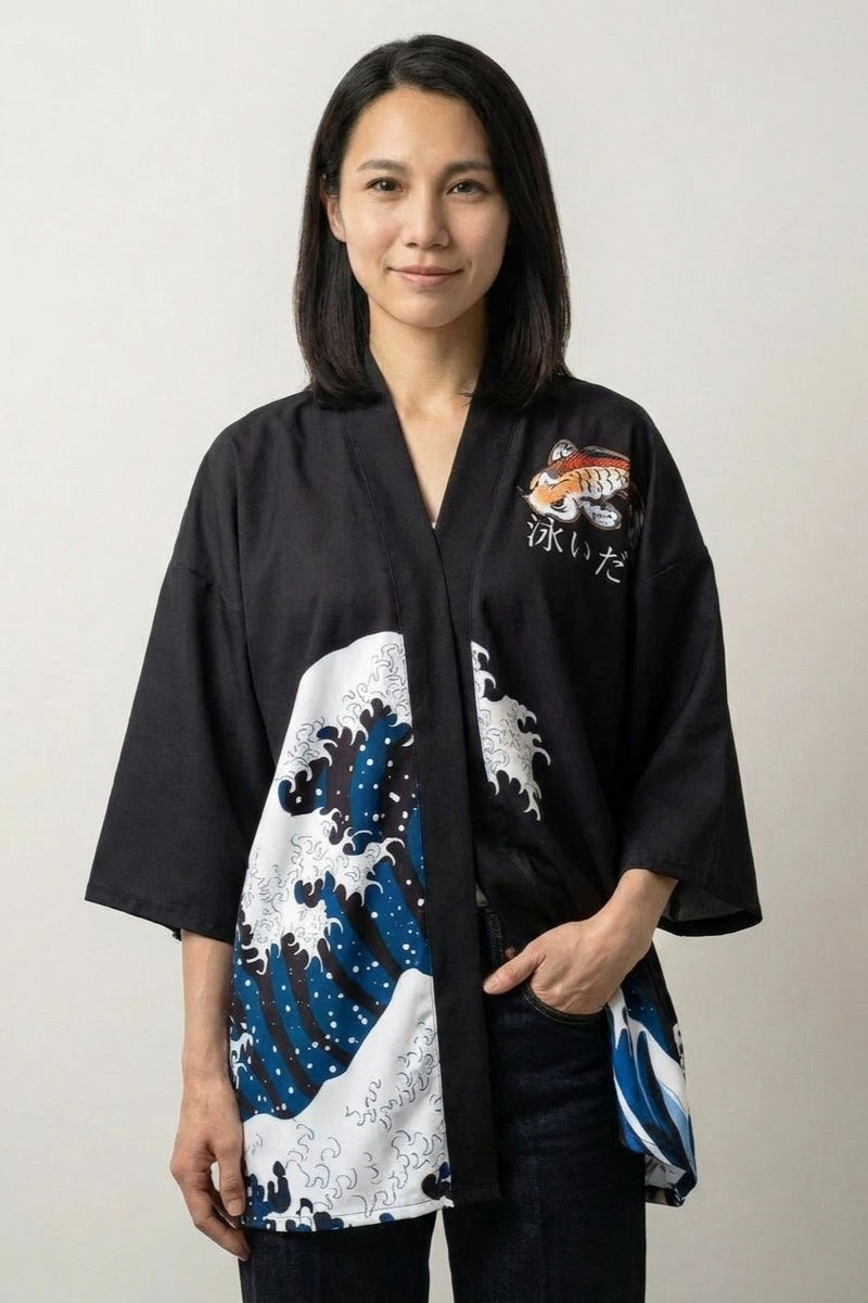 Great Wave off Kanagawa kimono jacket, front view: open black kimono with three-quarter sleeves and blue wave detail on the panels