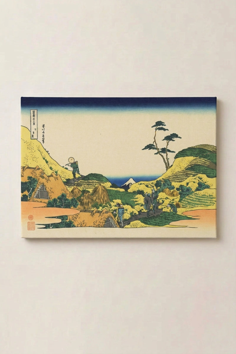 Japanese Landscape Print 'Nogyo' — Japanese ukiyo-e-style print depicting rolling green hills and pines above the coast, ukiyo-e landscape canvas print, shown on a wall