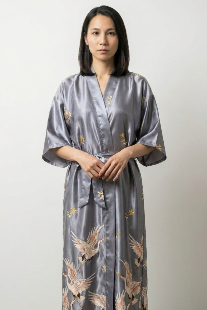 Grey Crane Long Satin Robe 'Tsurugin' | Japan Clothing
