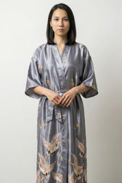 Grey Crane Long Satin Robe 'Tsurugin' | Japan Clothing