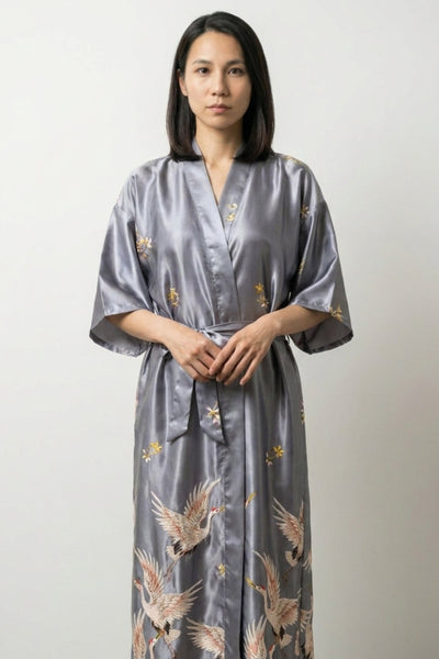 Grey Crane Long Satin Robe 'Tsurugin'