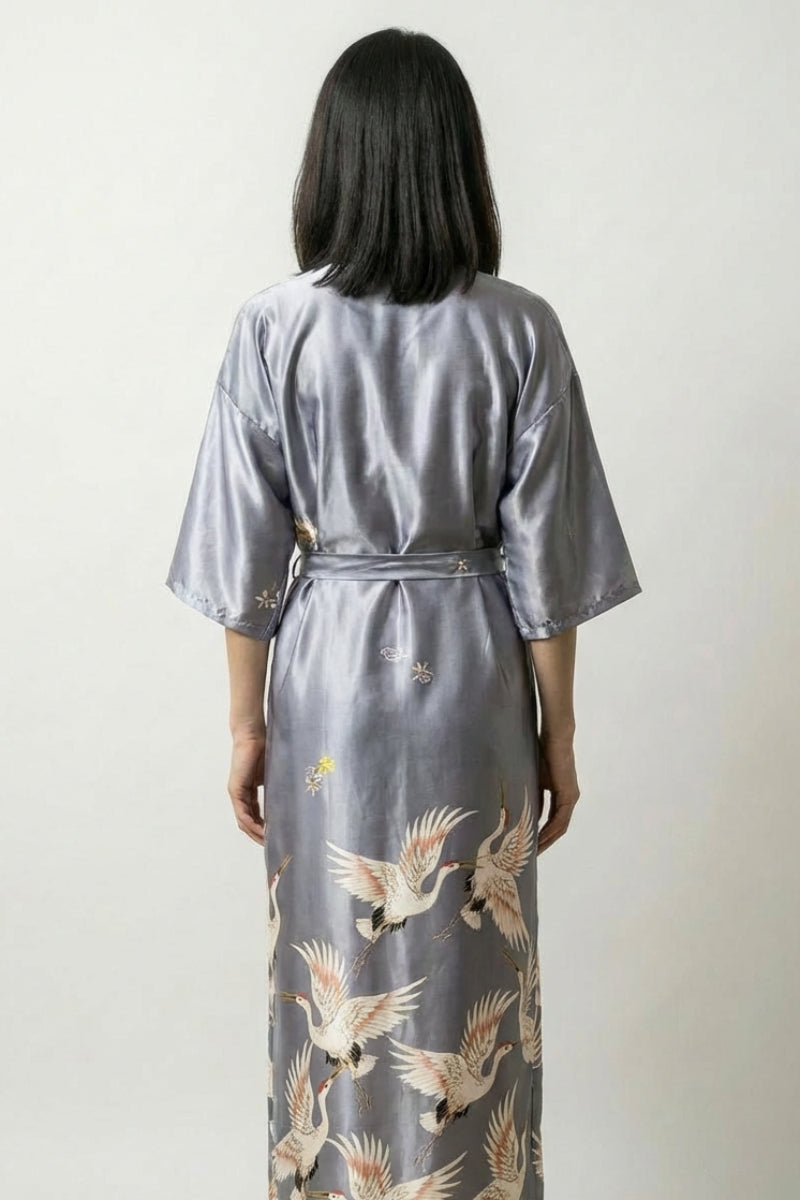 Grey Crane Long Satin Robe 'Tsurugin' — long silver-grey satin-finish kimono robe with cranes