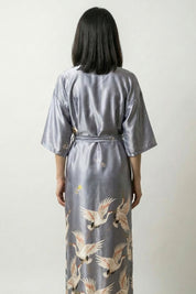 Grey Crane Long Satin Robe 'Tsurugin' — long silver-grey satin-finish kimono robe with cranes