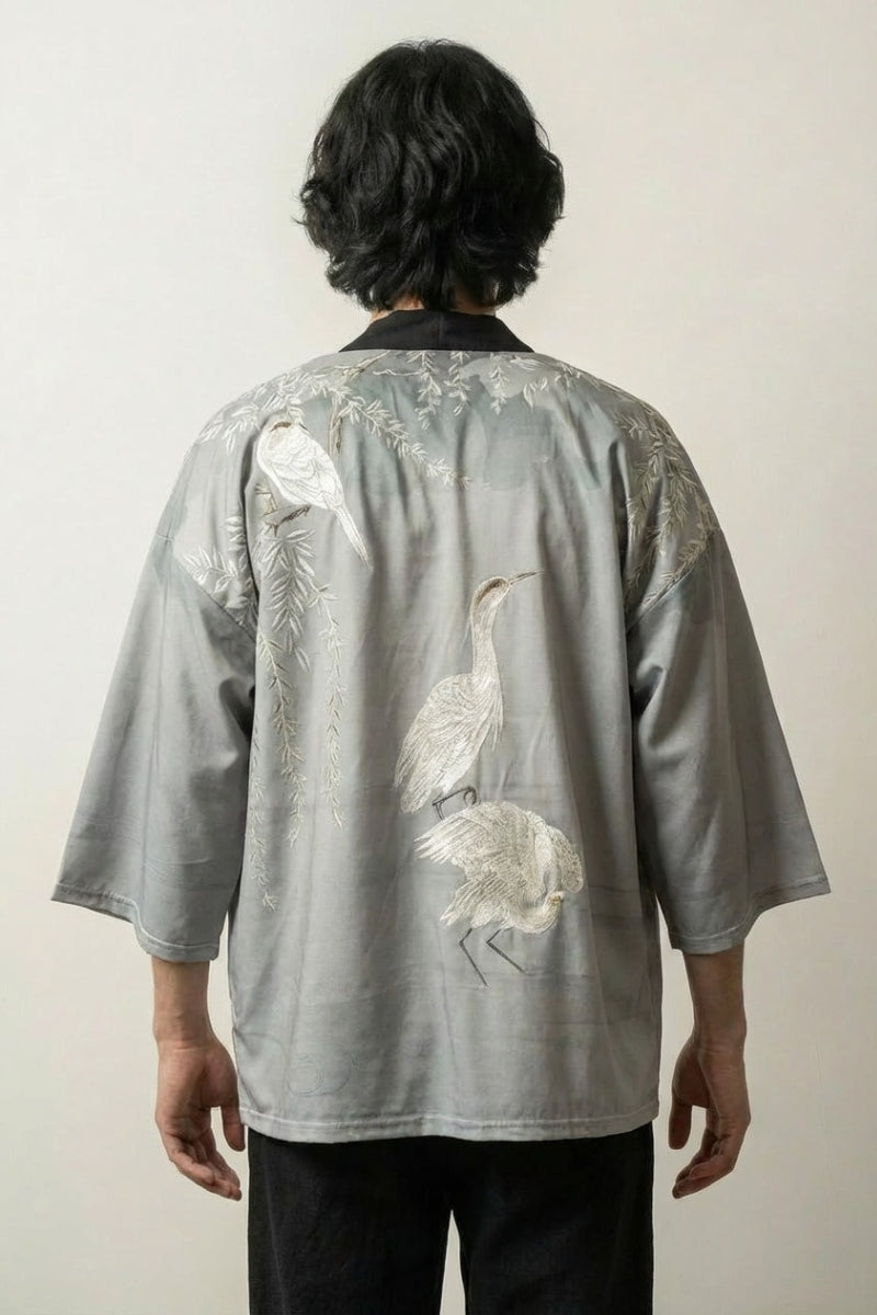Back view of grey kimono jacket for men