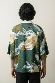 Haori Clothing 'Tsuru no Gawa' — sage-green crane and wave print kimono jacket